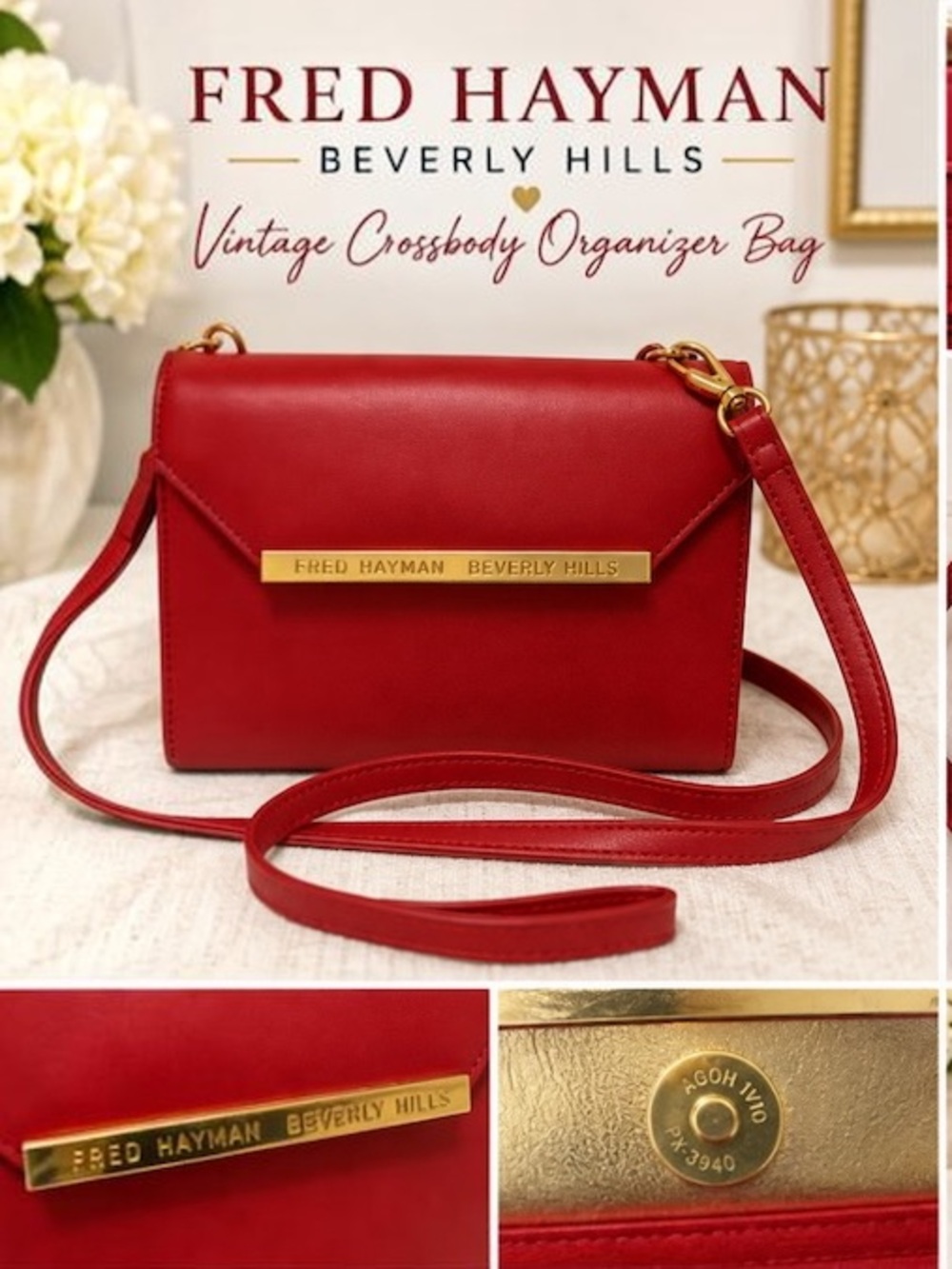 Vintage Fred Hayman Beverly Hills Red Leather Crossbody Organizer Bag